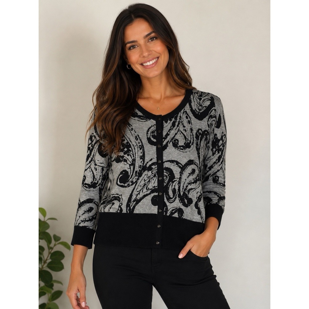 Premise Women's Small Gray Black Paisley Cardigan Sweater Button Front NWT